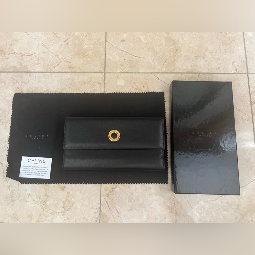 Vintage Céline Long Continental Wallet Black Calfskin‎ Gold Snap + Full Set